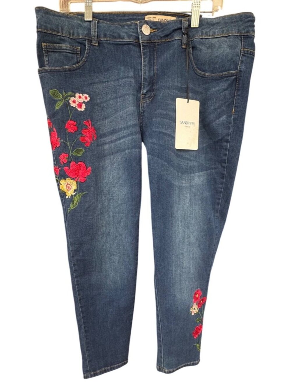 Sandpiper Women's Jeans Size 18 With Floral Embroidery On Blue Denim